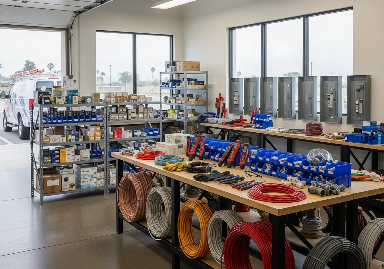 Professional electrician's workspace with tools, equipment, and wiring materials organized for service readiness.