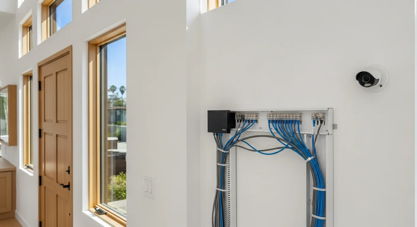Technician installing structured wiring and network cables in a Huntington Beach commercial building