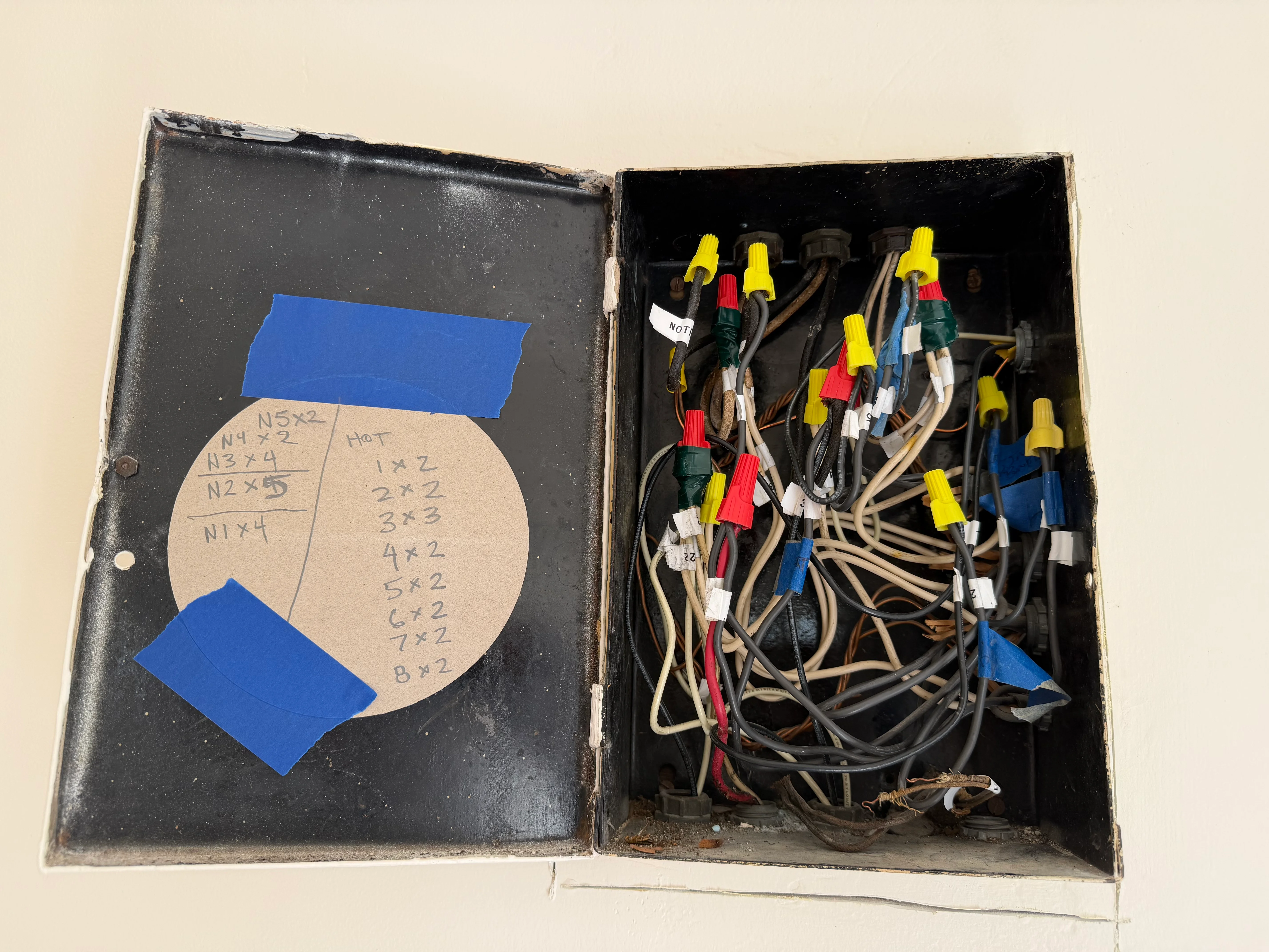 Open electrical subpanel with organized wiring, color-coded connectors, and labeled circuit documentation