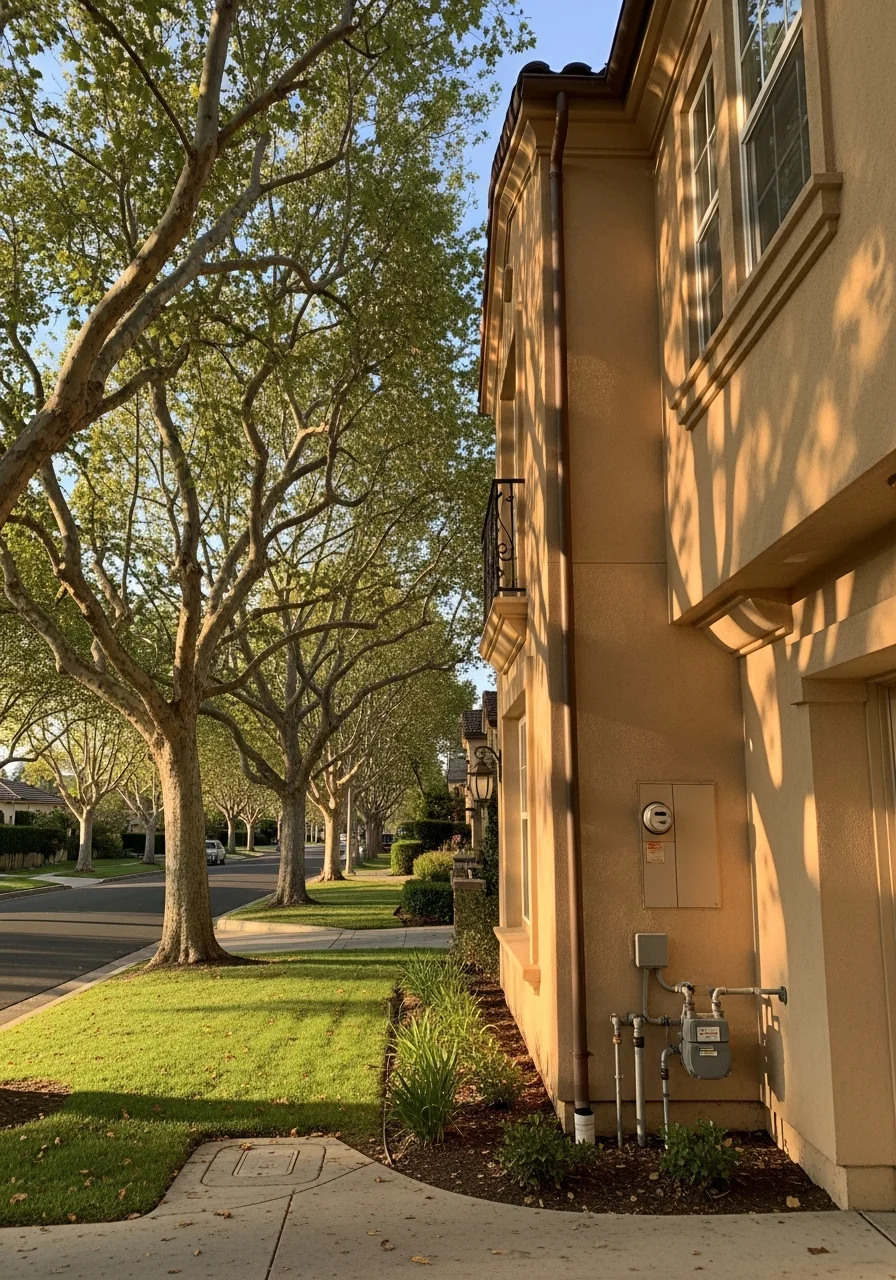 Costa Mesa residential street with mature trees and well-maintained single-family homes.