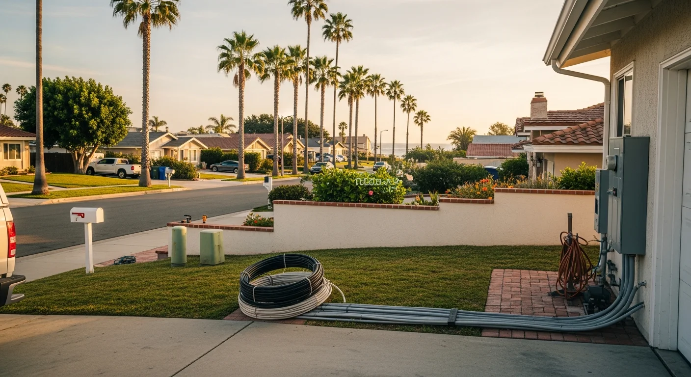 Beachfront Huntington Beach neighborhood with palm trees and residential homes near the coastline.