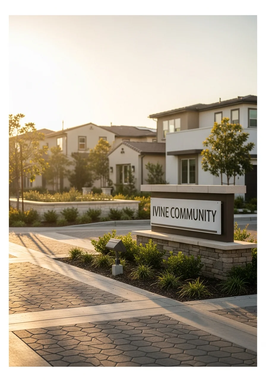 Irvine neighborhood entrance with community signage and professionally maintained common areas.