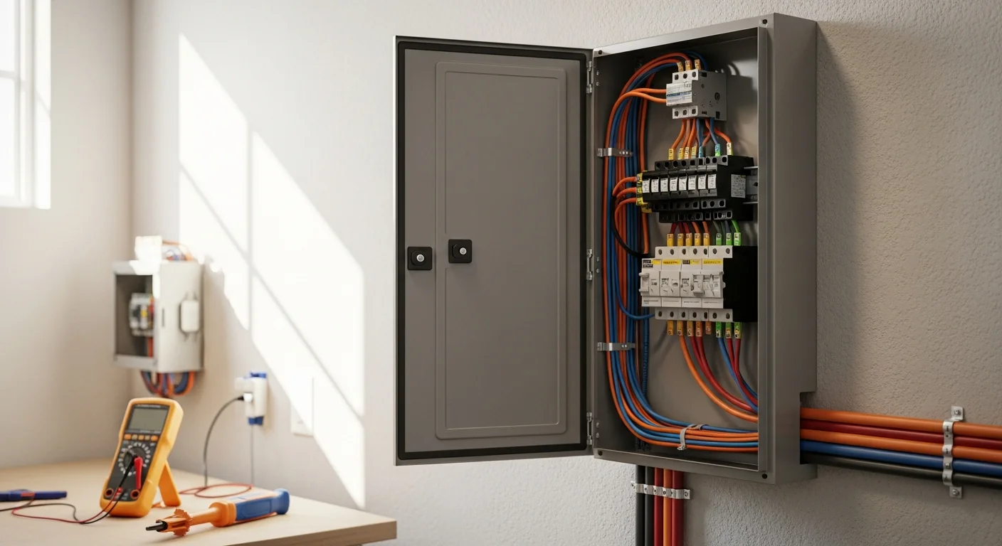 A licensed electrician inspecting a commercial electrical panel inside a Huntington Beach business. The panel shows organized circuit breakers and labeled wiring typical of a code-compliant California commercial installation.