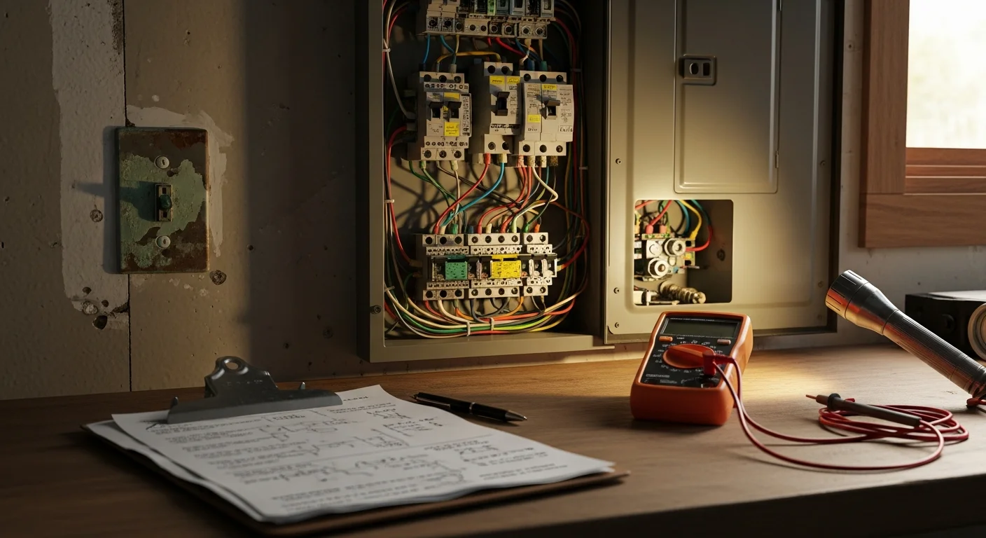 A licensed electrician from Structured Wiring By Rader inspecting a residential electrical panel inside a Huntington Beach home. The panel is open and the technician is using a diagnostic tool to check circuit connections.
