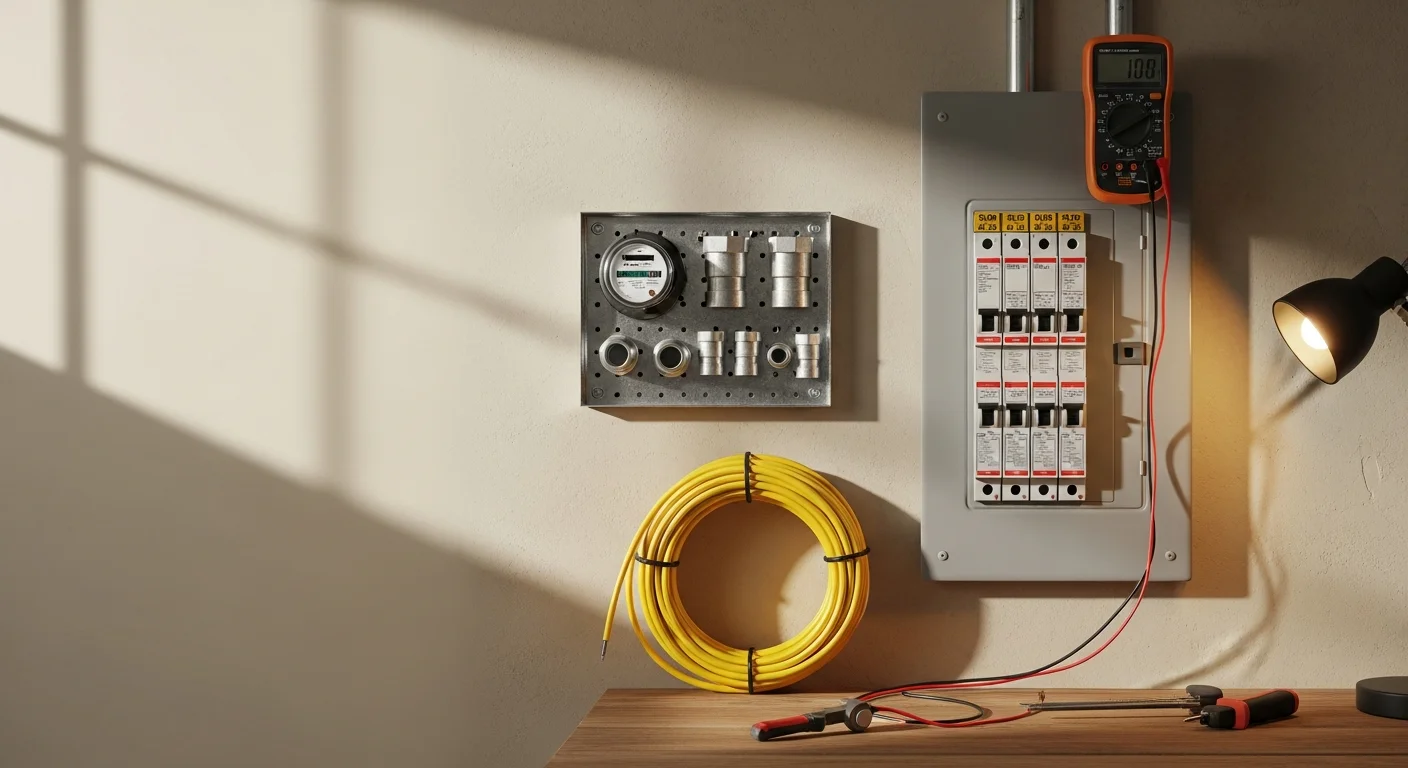 A Level 2 EV charger mounted on the interior wall of a residential garage in Huntington Beach, California, with conduit running neatly to a dedicated circuit breaker panel. A licensed electrician from Structured Wiring By Rader inspects the completed installation.