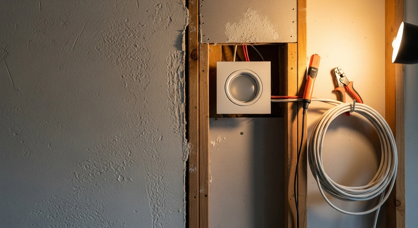 A licensed electrician from Structured Wiring By Rader installing recessed LED lighting in the living room of a Huntington Beach residential home. Finished ceiling shows evenly spaced fixtures with clean trim rings against a white ceiling.
