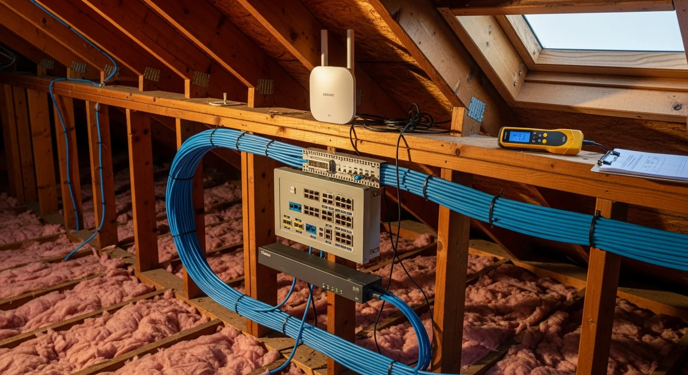 A low-voltage technician running structured network cabling through a wall cavity inside a Huntington Beach residential home. Finished cable drops and a labeled patch panel are visible in the background.