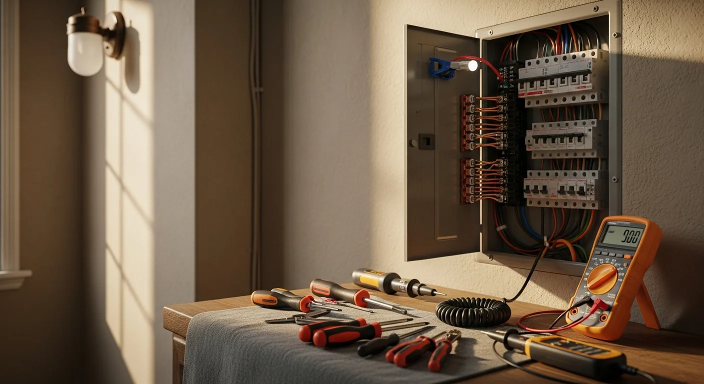 A licensed electrician inspecting an open residential electrical panel inside a single-family home in Huntington Beach, California. The panel shows aging wiring consistent with mid-century construction common in the area.