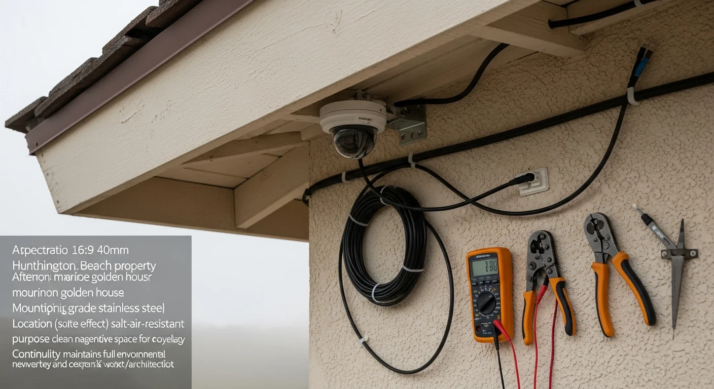 A weatherproof security camera mounted on the exterior eave of a single-family home in Huntington Beach, California, angled toward a concrete driveway and front entry. Cleanly routed conduit runs along the fascia board to a nearby junction box.