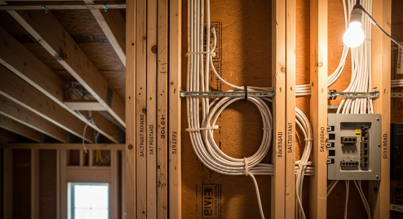 A low-voltage structured wiring panel with neatly labeled and bundled cables installed inside a Huntington Beach residential home. Clean cable runs terminate at a central distribution point, ready to support smart home devices throughout the house.