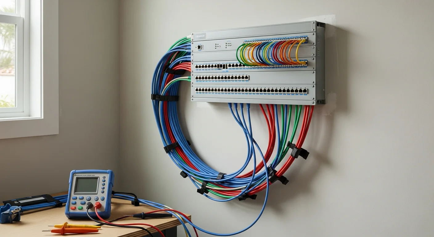 A neatly organized low-voltage structured wiring panel with labeled cable runs installed in a Huntington Beach, California home. Data, video, and security lines are routed cleanly through a central distribution enclosure mounted on an interior wall.